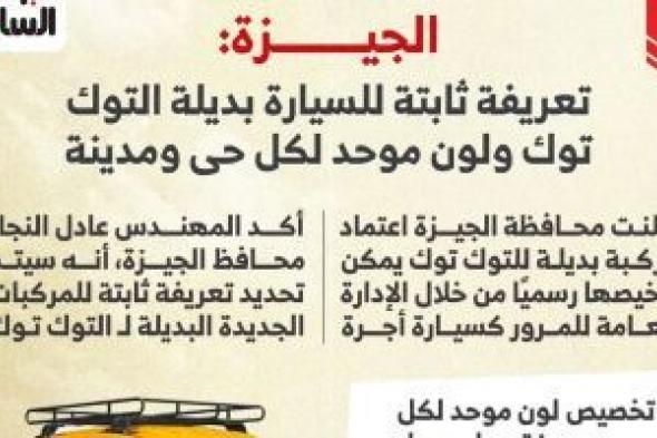 تعريفة
      ثابتة
      للسيارة
      بديلة
      التوك
      توك
      بالجيزة
      ولون
      موحد
      لكل
      حى..
      إنفوجراف