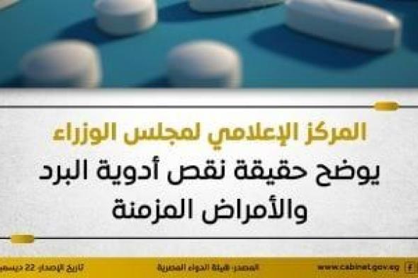 مجلس
      الوزراء
      يوضح
      حقيقة
      نقص
      أدوية
      البرد
      والأمراض
      المزمنة