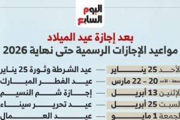 مواعيد
      الإجازات
      الرسمية
      حتى
      نهاية
      2026
      باليوم
      والتاريخ..
      إنفوجراف