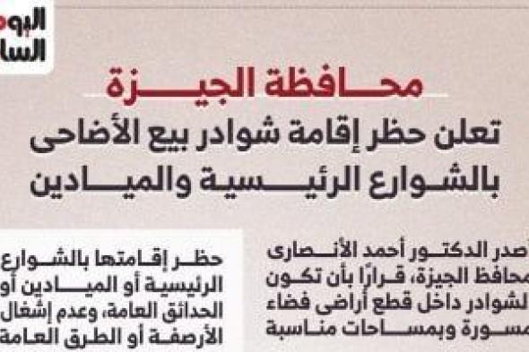 حظر
      إقامة
      شوادر
      بيع
      الأضاحى
      بالشوارع
      الرئيسية
      والميادين
      فى
      الجيزة..
      إنفوجراف